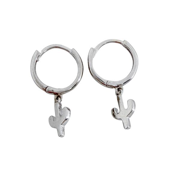 Estate Sterling Silver 925 Cactus Charm Hoop Earrings - Picture 4 of 8